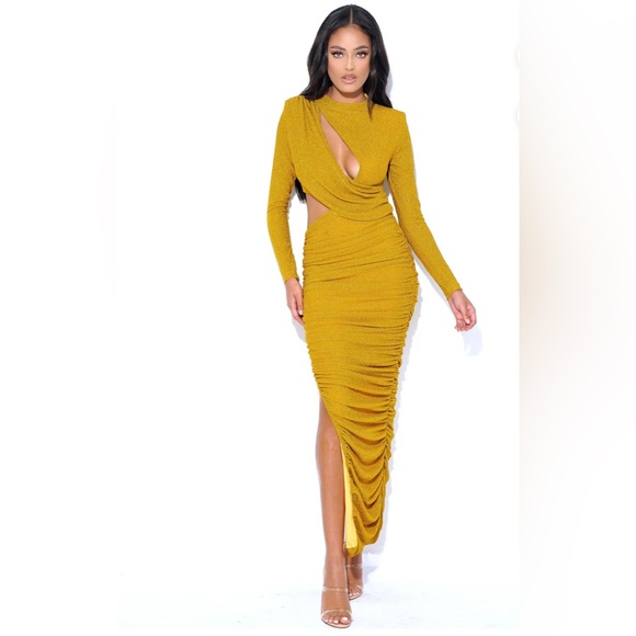 Gold Long Sleeve Metallic Jersey Cutout Dress - Picture 2 of 6